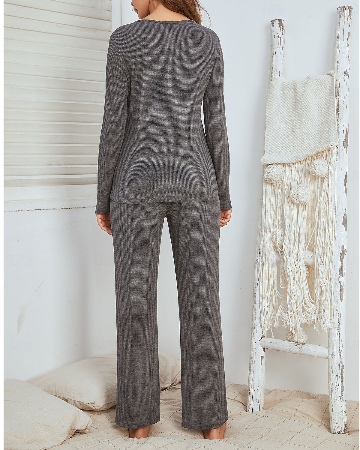 Conjunto de pijama para mujer, ropa de estar por casa, de punto gofre, informal, cómodo, para el hogar, para la cama, transpirable, con escote en V, manga corta, pantalón, primavera, otoño, negro, 2025 - $36.99 –P6