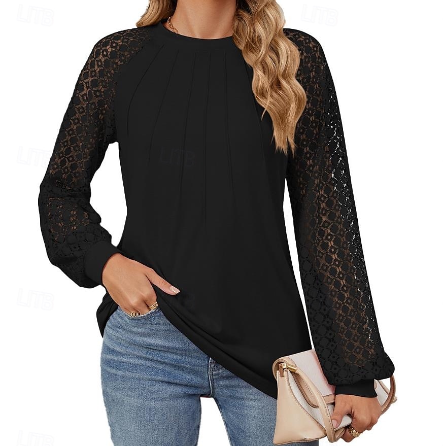 Women's White Elegant Lace Tops Eyelet Blouse Fashion Casual Lace Mesh Long Sleeve Regular Tops Crew Neck Daily Romantic Petite Tops Summer Holiday Wear Black White Pink Blue Summer Spring Fall 2025 - $32.99 –P11