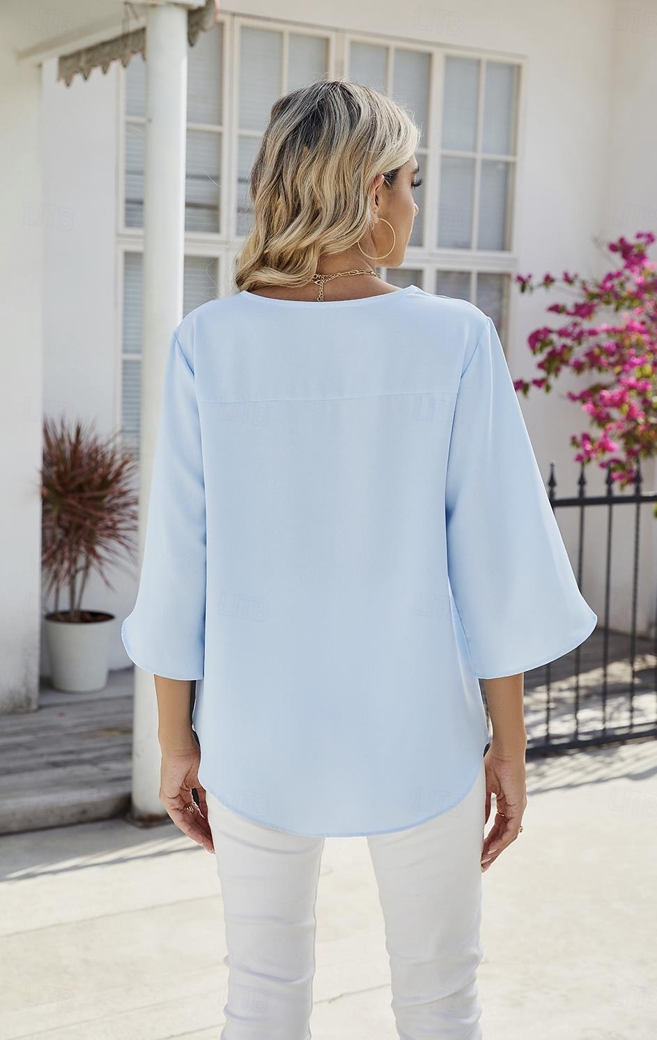 dámská halenka elegantní stylový moderní polorukáv v výstřih pracovní denní modrá léto jaro 2025 - $28.99 –P3