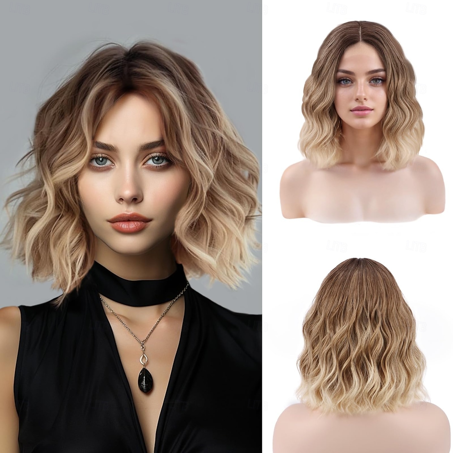 perruques courtes ondulées bouclées bob perruque longueur d'épaule perruques médianes perruques de cheveux blonds synthétiques d'aspect naturel pour femmes utilisation quotidienne de fête de 2025 ? $18.99 –P1