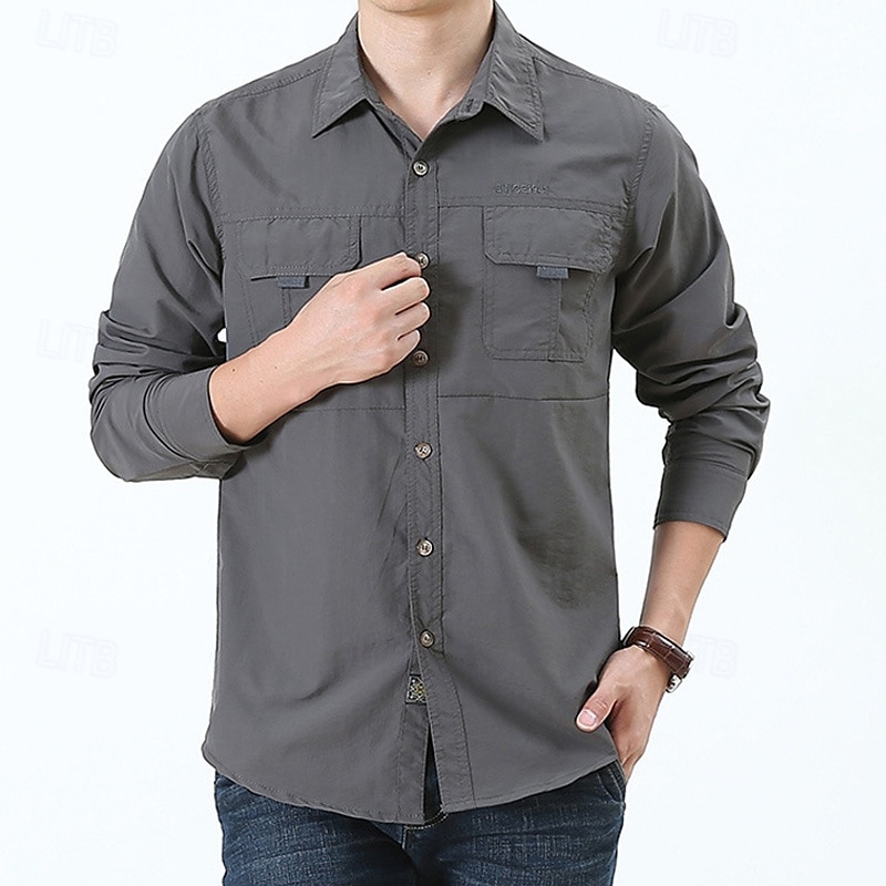 Men's Shirt Workwear Shirts Work Shirt Button Up Shirt Cargo Shirt Black khaki Army Green Gray Long Sleeve Plain Lapel Vacation Holiday Front Pocket Clothing Apparel Polyester Fashion Casual 2025 - $33.99 –P2
