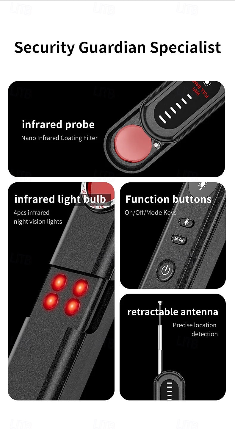 verborgen camera detector afluisterapparaat tracker anti-spion elektronisch signaal 5 niveaus gevoeligheid draadloze signaalscanner voor thuis 2025 - $39.99 –P10