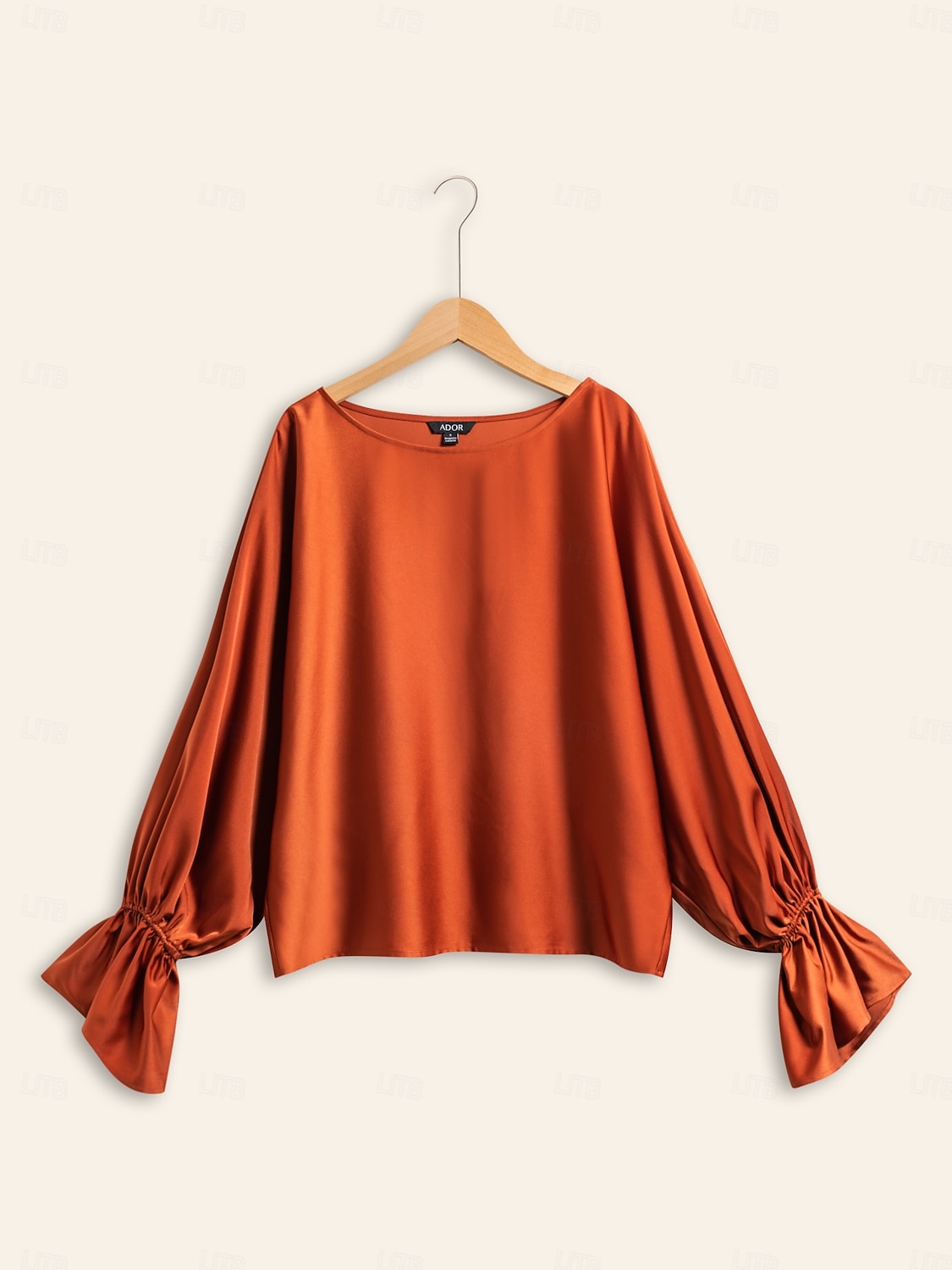 Satinbraune Juliet-Bluse mit Puffärmeln und Rundhalsausschnitt 2026 - $67.99 –P7