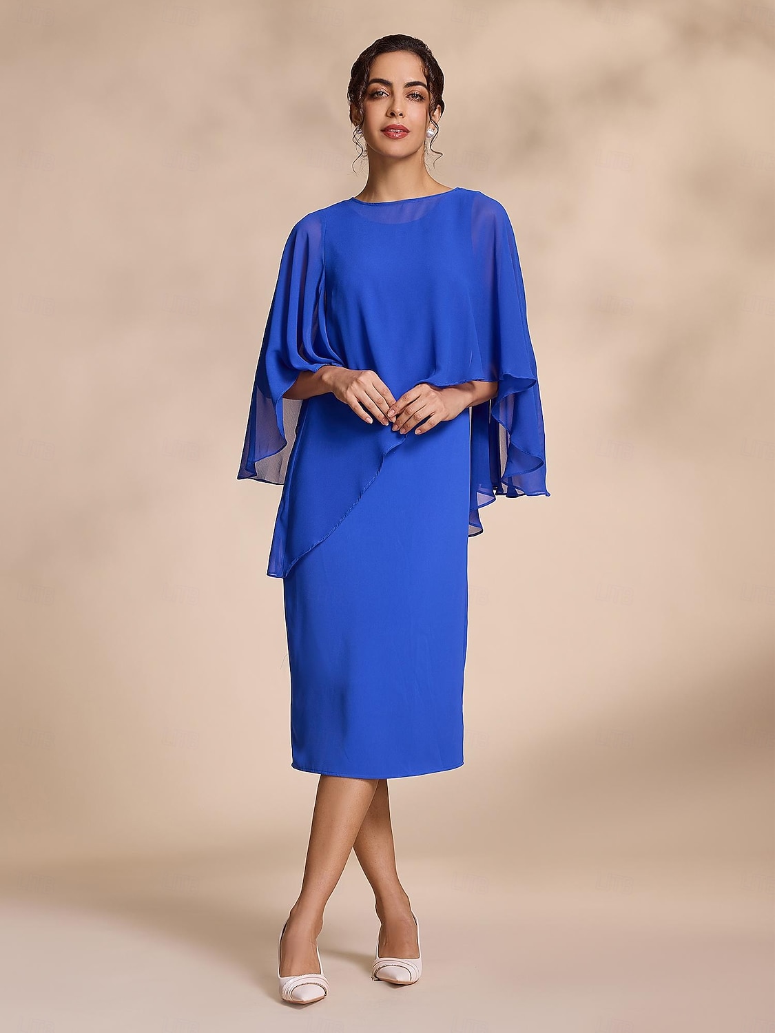Vestido de gasa azul casual de 2 piezas con mangas redondas y corte midi para madre de la novia, vestido para impresionar 2024 2026 - $99.99 –P1
