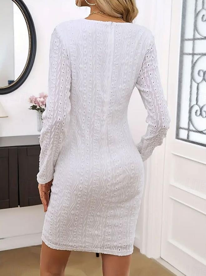 Damen Schlichtes Kleid Minikleid Spitze Patchwork Brautkleider schlicht Rundhalsausschnitt Langarm Weiß Farbe 2025 - $35.99 –P5