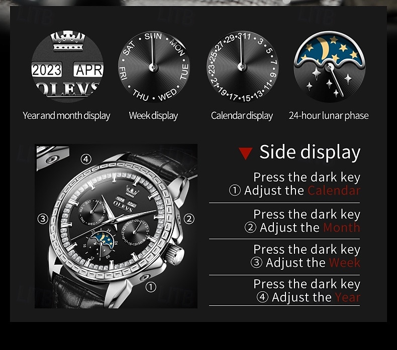 OLEVS Men Mechanical Watch Fashion Business Wristwatch Automatic Self-winding Moon phase Luminous Perpetual Calendar Steel Leather Watch 2025 - $147.99 –P14
