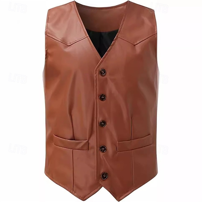 Men's Vest Gilet Leather Vest Daily Date Vacation Fashion Casual Spring & Fall Button Pocket Polyester Comfortable Plain Single Breasted One-button V Neck Regular Fit Black Burgundy Camel Vest 2025 - $45.99 –P2