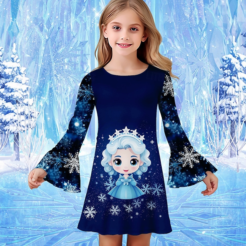 Tyttöjen 3D Kuvitettu Piirretty Lumihiutale Mekko Lumihiutale mekko Ruffle mekko Pitkähihainen Kesä Kevät Loma Päivittäin Pyhäpäivä Kaunis Makea Lapset 4-12 vuotta Rento mekko Polvipituinen Normaali 2025 - $15.99 –P5