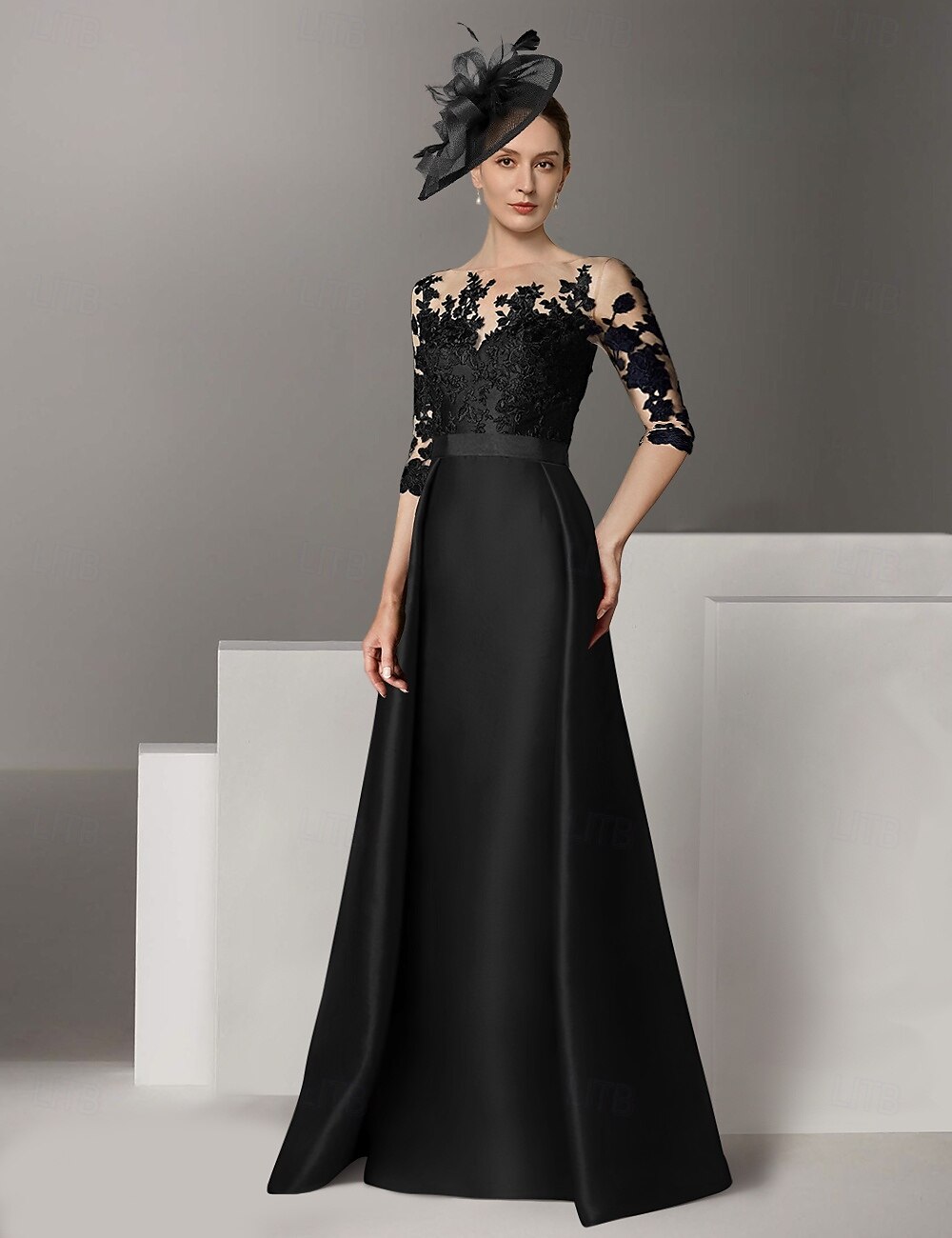 Ä-Linie Abendkleid Elegantes Kleid Hochzeitsgästin Sweep Brush Zug Langarm Rundhals Stretch-Satin mit Applikationen 2025 2025 - $181.99 –P4