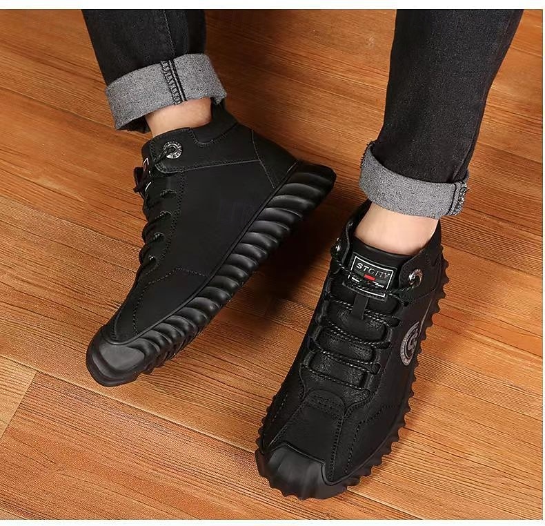 Men's Black Faux Leather Ankle Boots with Warm Plush Lining and Rugged Non-Slip Sole - Stylish and Comfortable for Cold Weather and Outdoor Activities 2025 - $34.99 –P1