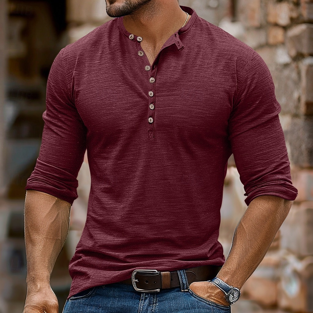 Bărbați Cămașă Henley Tee Top Tricou cu maneca lunga Manșon Lung Culoare solidă Modă Zilnic Nasturi Henley În aer liber Casual Vară Maro Închis Gri Închis Roșu Închis Tricou Henley 2025 - $23.99 –P13