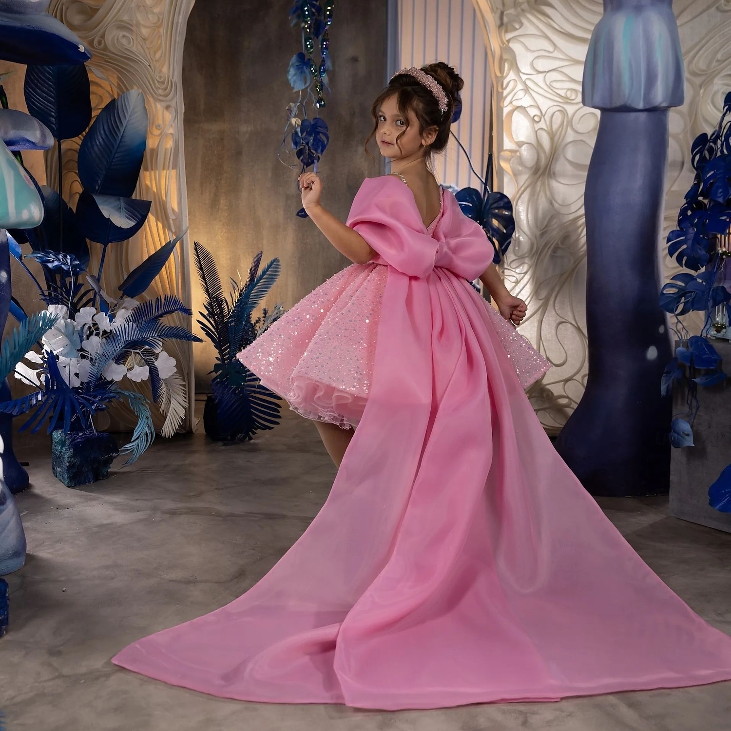 kinderkleidung Mädchen Party Kleid Feste Farbe 3/4 Ärmel Leistung Gitter Prinzessin Süß Gitter Mitte der Wade Etuikleid Tüll-Kleid Sommer Frühling Herbst 4-12 Jahre Rosa Himmelblau 2025 - $91.99 –P3