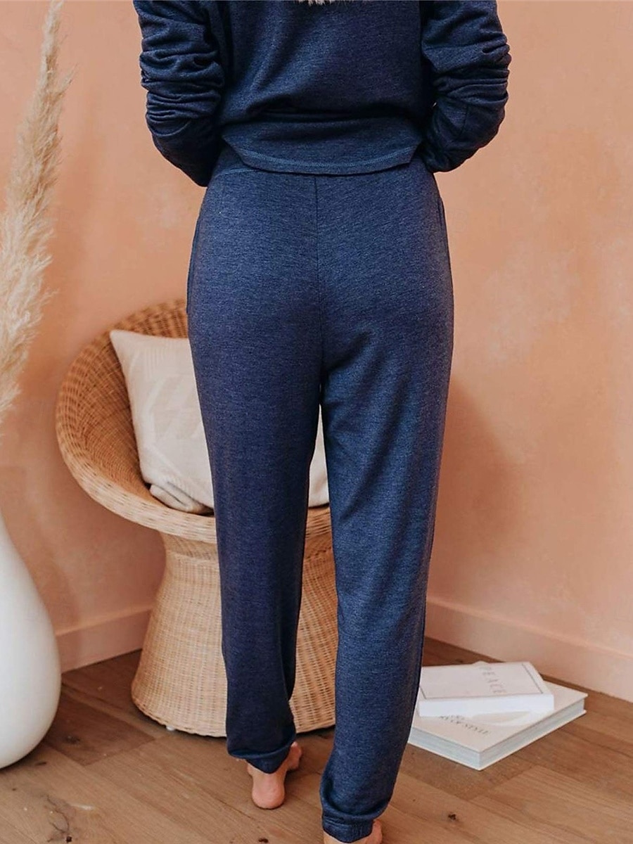 pyjamasset för kvinnor ren färg mode grundläggande komfort hem daglig säng andas rund hals långärmad byxficka resår midja höst vinter hem outfits 2025 - $36.99 –P6