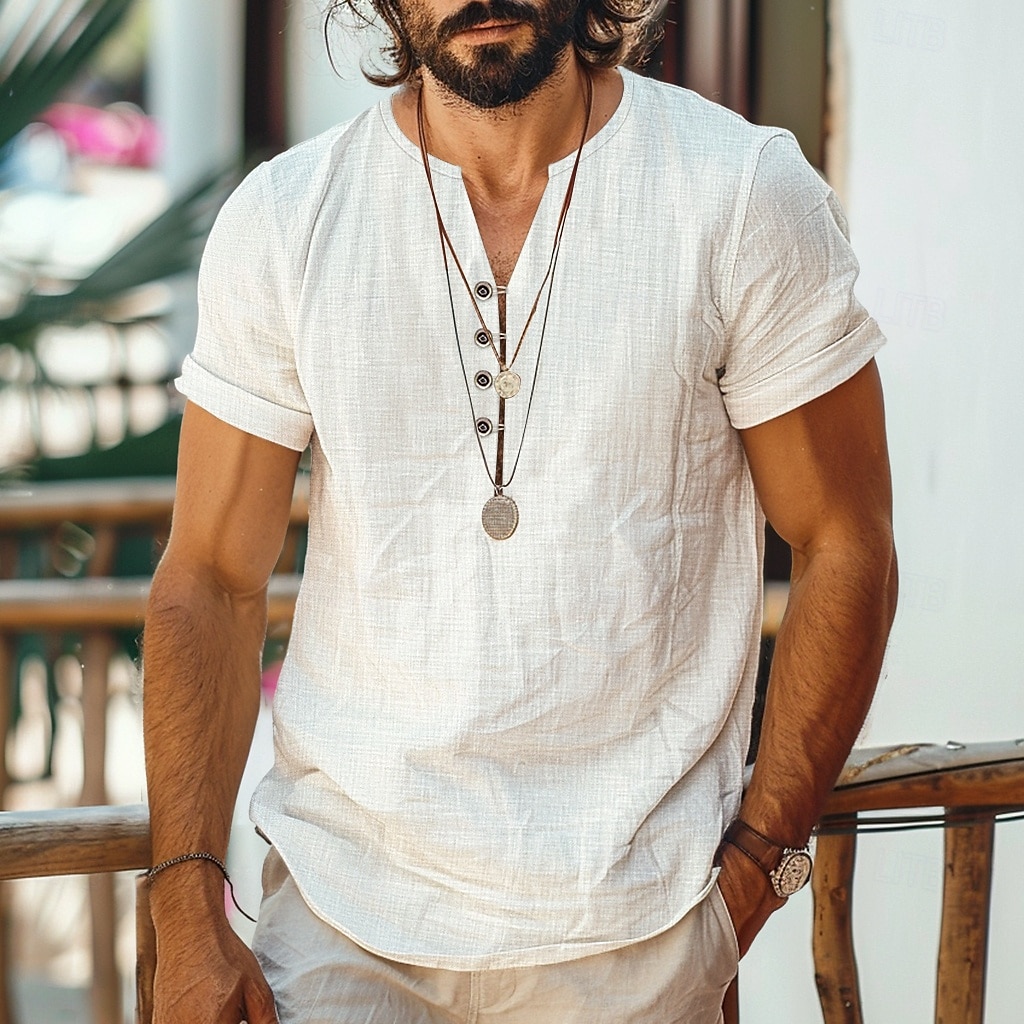 Men's Shirt Linen Shirt Summer Shirt Beach Shirt Solid Color Vacation Curise Black White Short Sleeve Round Neck Summer Spring Clothing Apparel 2025 - $22.99 –P1