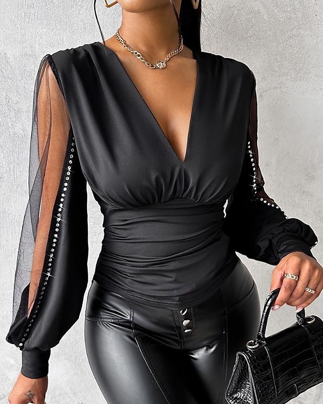 Dame Bluse Helfarge Stilfull Moderne Langermet V-hals Vanlige topper Arbeid Daglig Netting Lapper Svart Rød Lilla Brun Høst Vinter 2025 - $29.99 –P6
