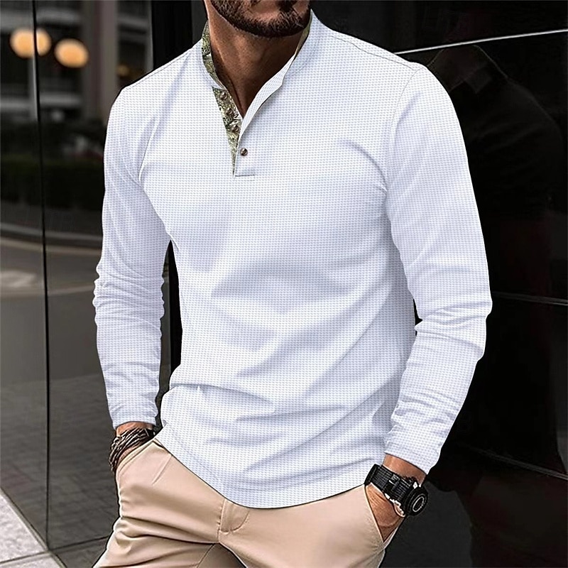 Herren Waffel-Poloshirt Golfhemd Arbeit Casual Ständer Langarm Basic Modern Farbblock Patchwork Taste Frühling & Herbst Regular Fit Schwarz Weiß Wein Marinenblau Dunkelgrau Armeegrün Waffel-Poloshirt 2025 - $20.99 –P1