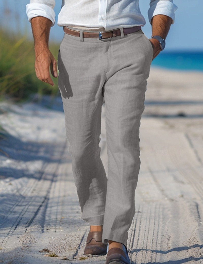 Men's Linen Pants Trousers Dress Pants Summer Pants Beach Pants Straight Leg Plain Comfort Outdoor Casual Daily Streetwear Stylish White Navy Blue 2026 - $28.99 –P15