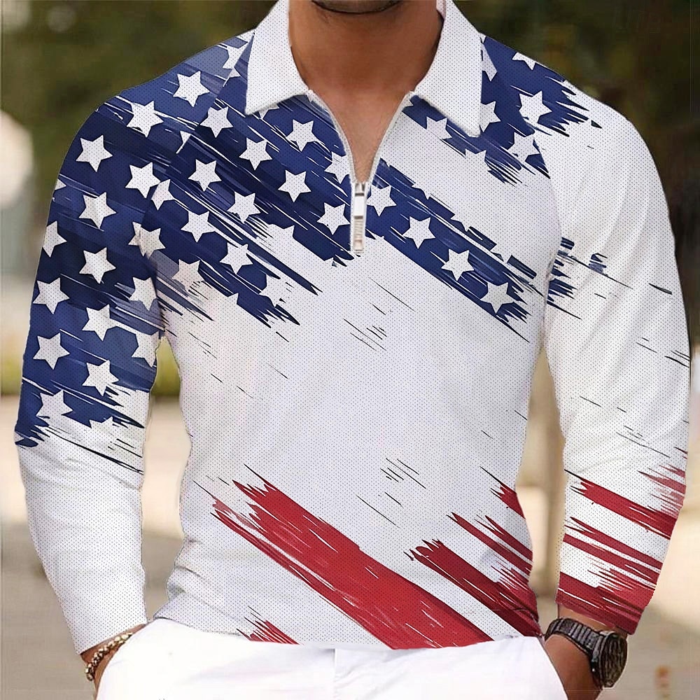 4th of July 2026 250th Men's American Flag Veterans Polo Shirts Golf Polos Shirts Long Sleeve Polo Shirts Collar Vacation Party Evening Wear Dailywear Zipper 3D Print Fall & Winter Spring Blue 2026 - $25.99 –P1