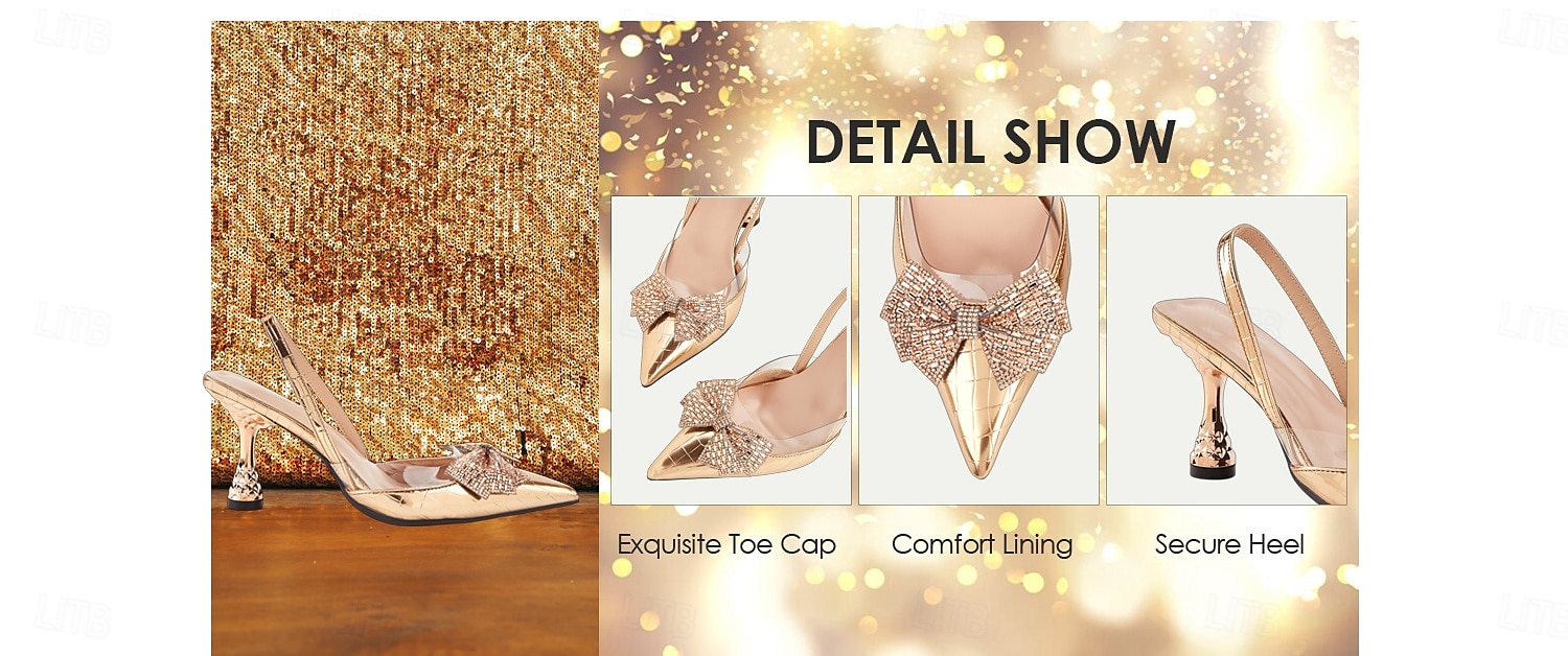 scarpe col tacco da donna con cinturino posteriore trapuntato in oro e dettaglio fiocco - lussuoso design a punta per un elegante abbigliamento da sera del 2025 a $46.99 –P3