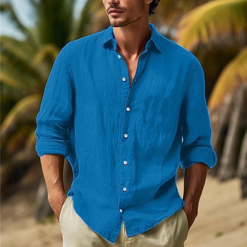 Men's Shirt Cotton Linen Shirt Summer Shirt Beach Wear Button Up Shirt Plain Vacation Curise Black White Pink Navy Blue Long Sleeve Lapel Spring & Summer Clothing Apparel 2025 - $23.99 –P9