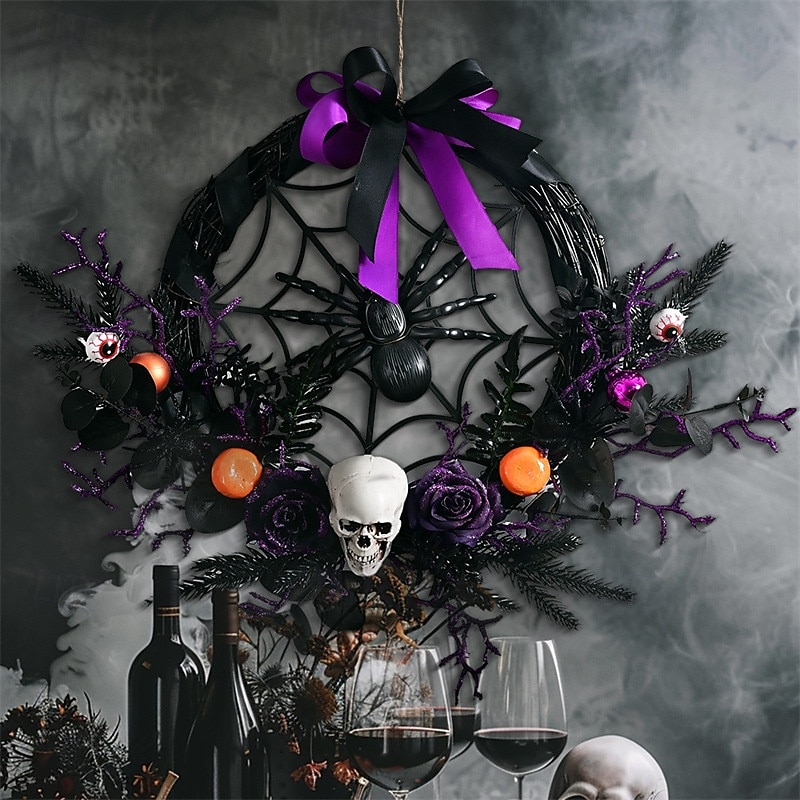 halloween koszorú műkoponyával és karácsonyi díszekkel - kísérteties lila virágos szőlőajtó függő kísértetjárta házhoz és félelmetes parti dekorációhoz 2025 - $76.99 –P8