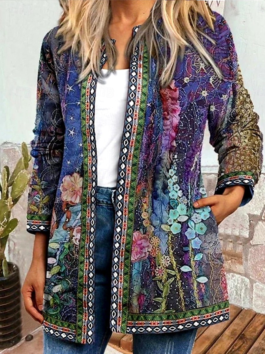 Dam Jacka Vardag Fyrkantig hals Mönster Blommig Ledigt / vardag Vintage Lös passning Ytterkläder Långärmad Vår Havsblå S 2025 - $27.99 –P1