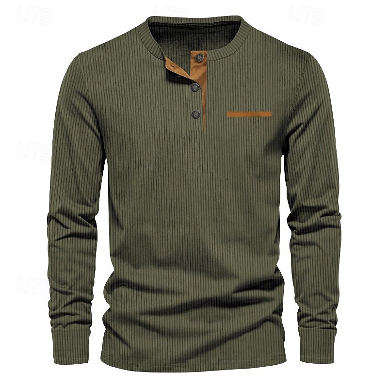 Herren T-Shirt mit Knöpfen T Shirt Cordhemd Henley Hemd Langarm Henley Frühling & Herbst Einfach Mode Designer Basic Urlaub Straße Ausgehen Schwarz Wein Braun Top T-Shirt für Herren 2025 - $23.99 –P6