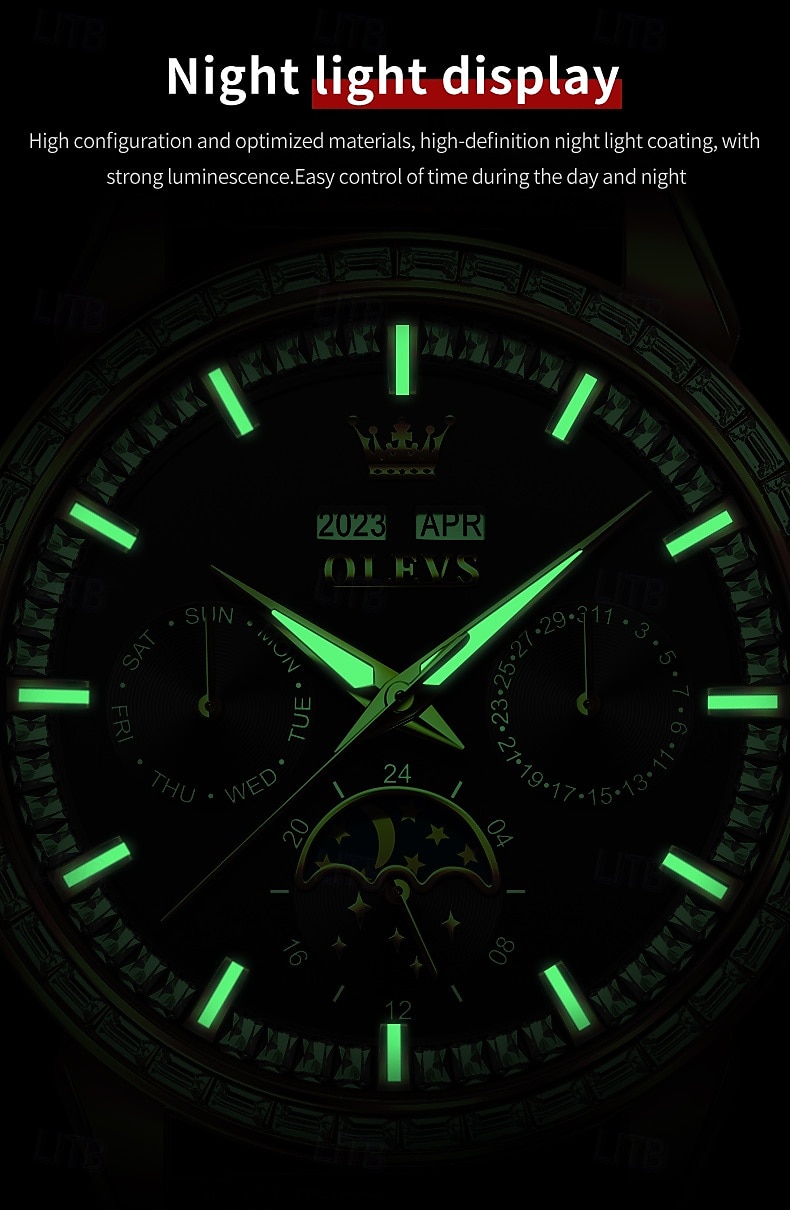 OLEVS Men Mechanical Watch Fashion Business Wristwatch Automatic Self-winding Moon phase Luminous Perpetual Calendar Steel Leather Watch 2025 - $147.99 –P11
