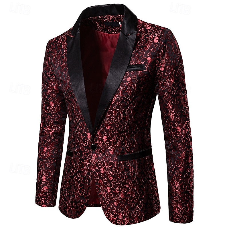 Herr Kavaj Företag Cocktailfest Bröllopsfest Mode Ledigt Vår & Höst 80% bomull Växter Knapp Ficka Bekväm Enkelknäppt Blazer Svart Vit Rubinrött Guld 2025 - $65.99 –P4