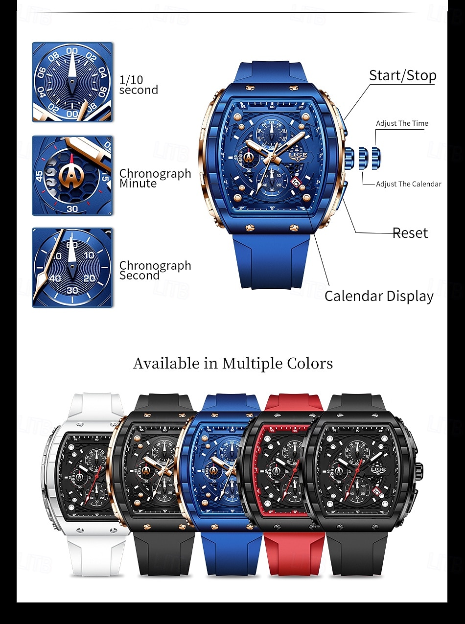 Часы LIGE Мужские Кварцевые Часы Спортивные Бизнес Календарь Водонепроницаемые Пластиковые Часы С Силиконовым Ремешком 2026 - $35.99 –P6