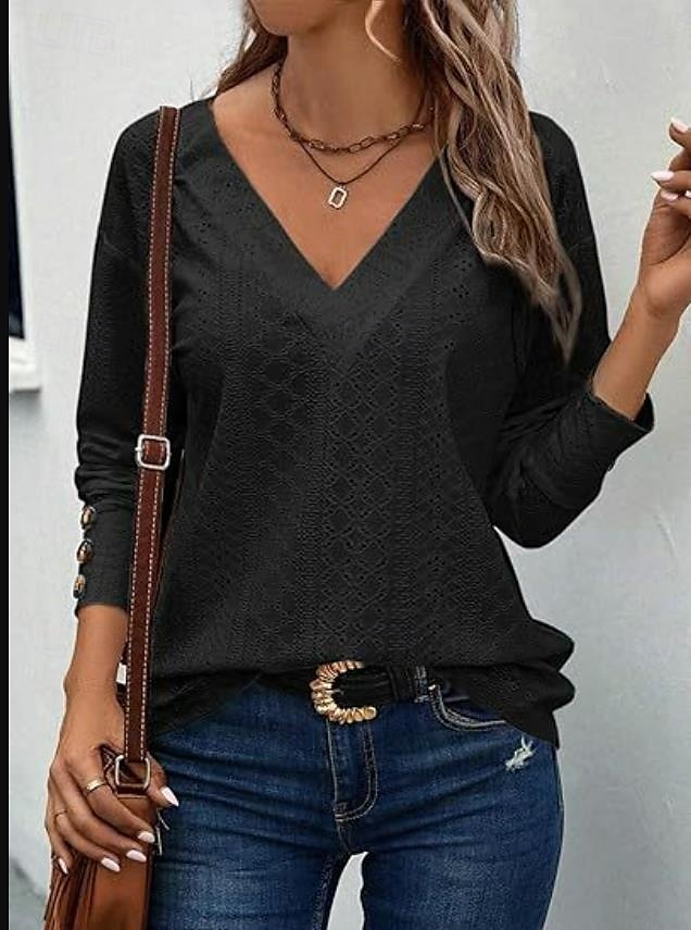 damblus elegant snygg modern ihålig långärmad vanliga toppar v-ringad arbete dagligen svart vit rosa brun vår höst vinter 2025 - $26.99 –P6