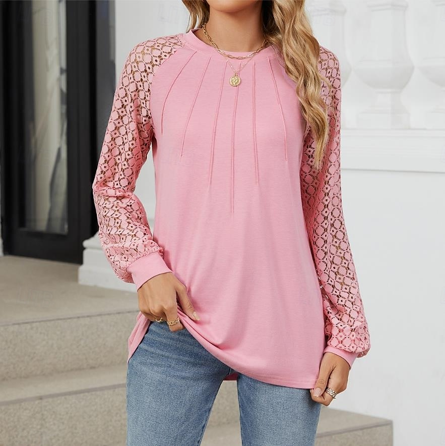 Women's White Elegant Lace Tops Eyelet Blouse Fashion Casual Lace Mesh Long Sleeve Regular Tops Crew Neck Daily Romantic Petite Tops Summer Holiday Wear Black White Pink Blue Summer Spring Fall 2025 - $32.99 –P5