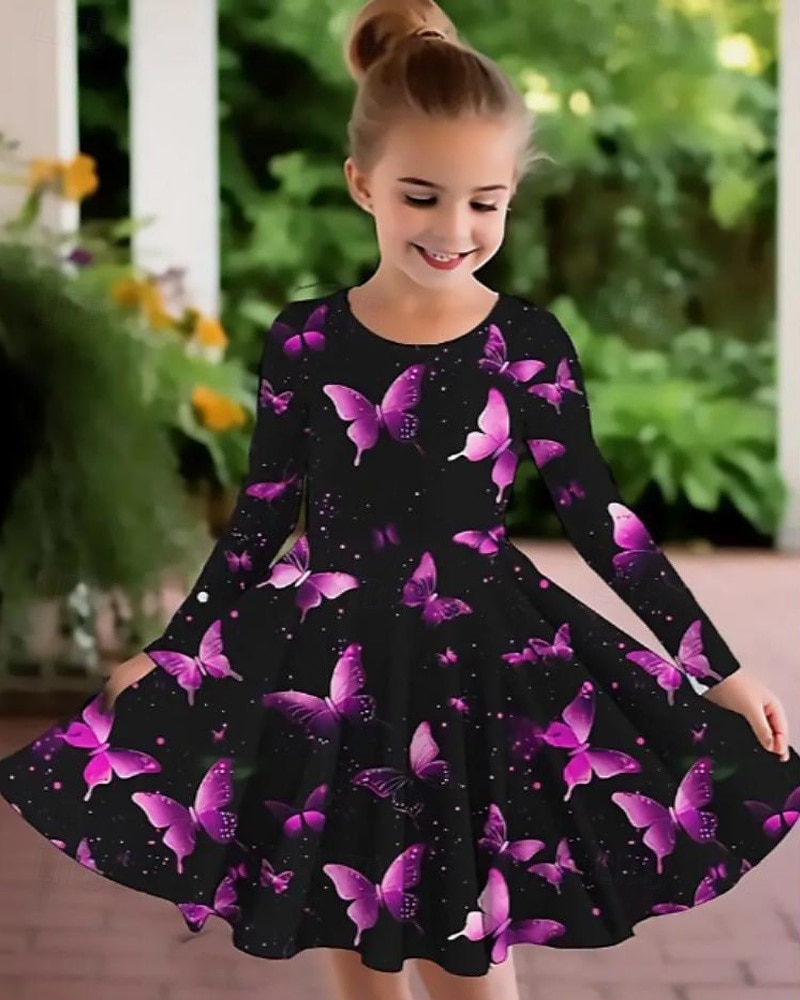 Girls ' 3D Grafic Fluture Rochie Manșon Lung Vară Primăvară Vacanță Zilnic Concediu Prințesă Frumoasa Dulce Copii 4-12 ani Rochie casual Rochie A line Lungime Genunchi Fit regulat 2025 - $17.49 –P1