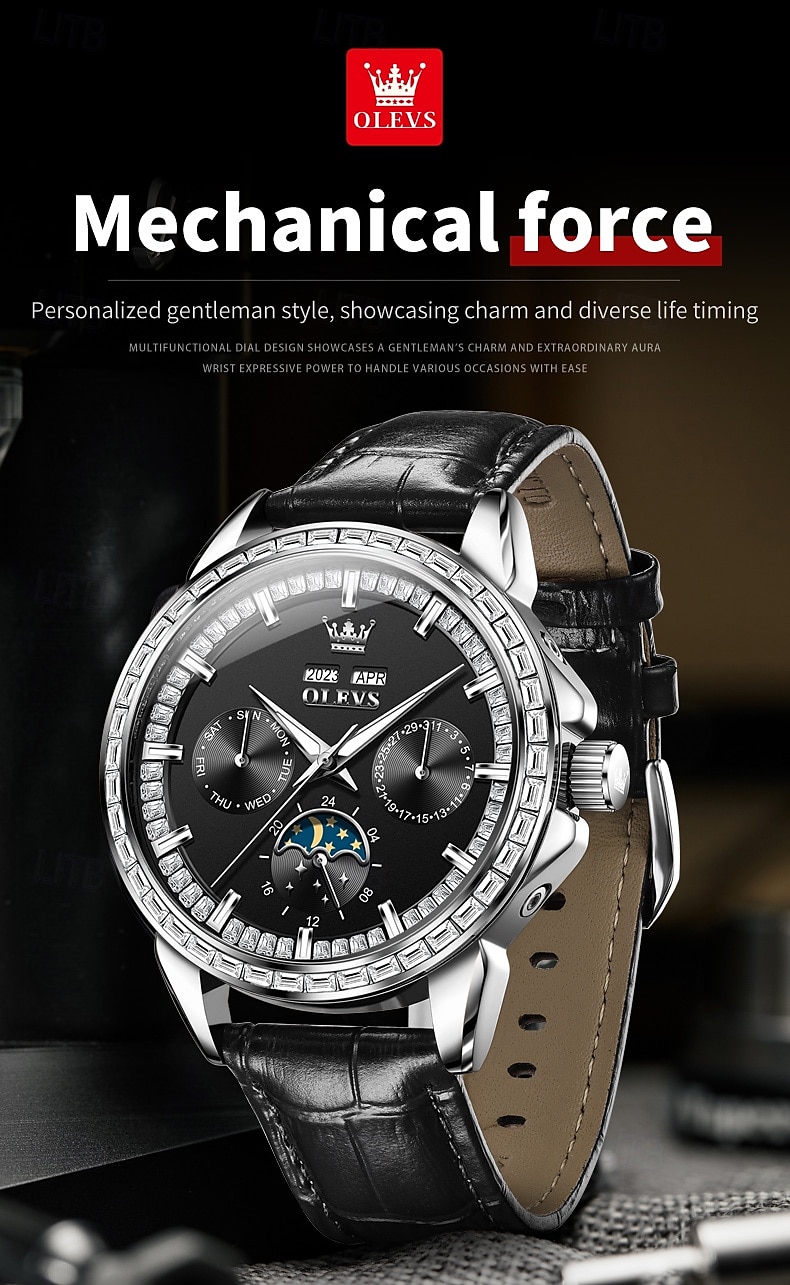OLEVS Men Mechanical Watch Fashion Business Wristwatch Automatic Self-winding Moon phase Luminous Perpetual Calendar Steel Leather Watch 2025 - $147.99 –P13