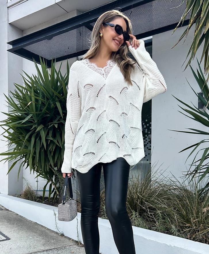 Damskie Sweter sweter Elegancki Codzienny Czyste kolory Prążkowany W serek Koronka Niejednolita całość Dzianiny Długi rękaw Długie topy Robić na drutach Codzienny Wyjściowe Biały Wiosna Jesień 2025 - $52.99 –P3