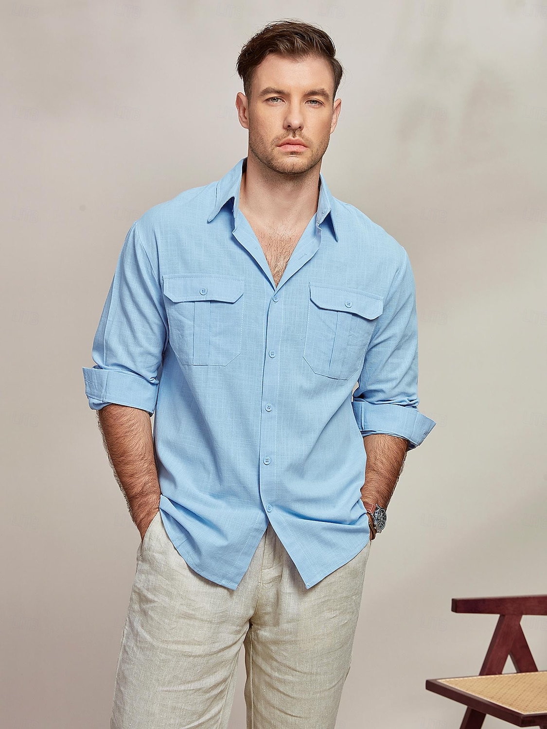 Herren Hemd Hemd aus Baumwollleinen Sommerhemd Strandbekleidung Lässiges Hemd Knopfhemd Glatt Casual Täglich Blau Langarm Kargen Frühling Sommer Bekleidung Tasche 2025 - $25.99 –P1