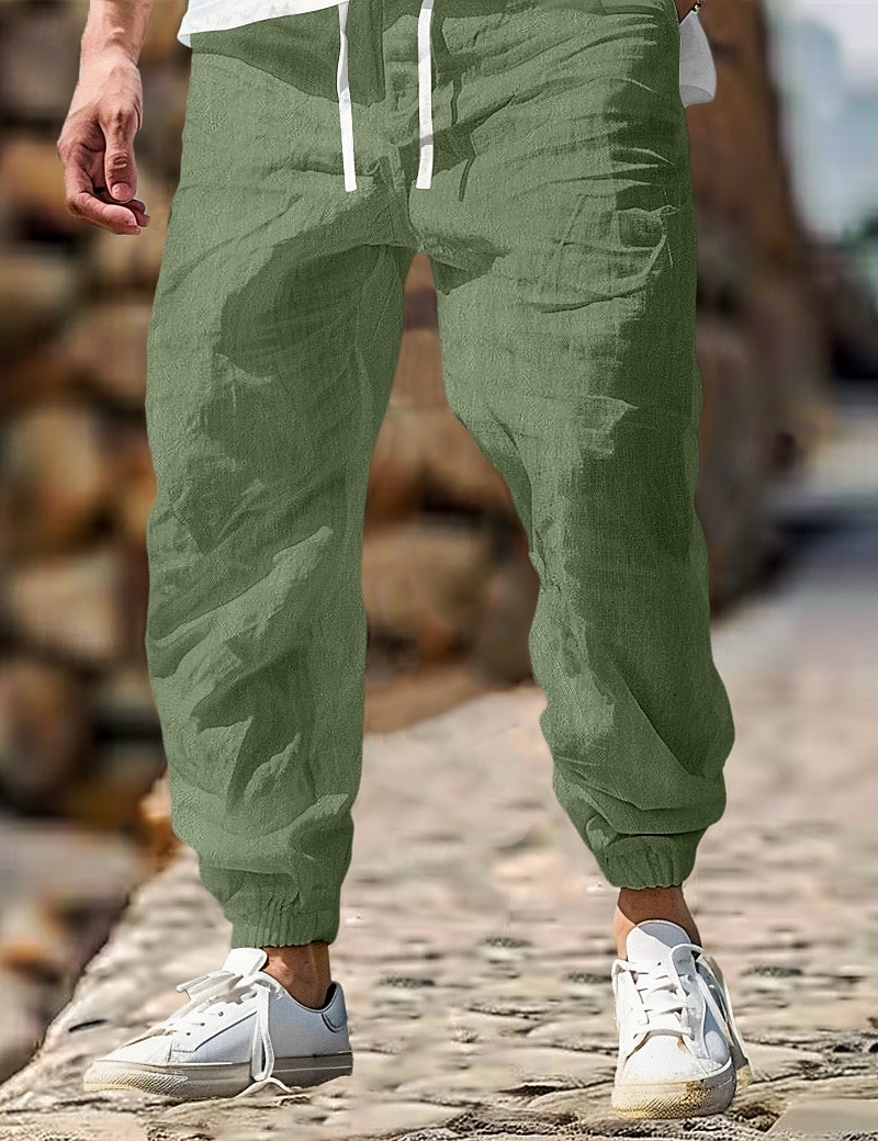 Men's Linen Pants Trousers Summer Pants Elastic Waist Straight Leg High Rise Solid Color Comfort Breathable Full Length Outdoor Home Casual Vacation Fashion Gray Green Black High Waist Inelastic 2025 - $27.99 –P5