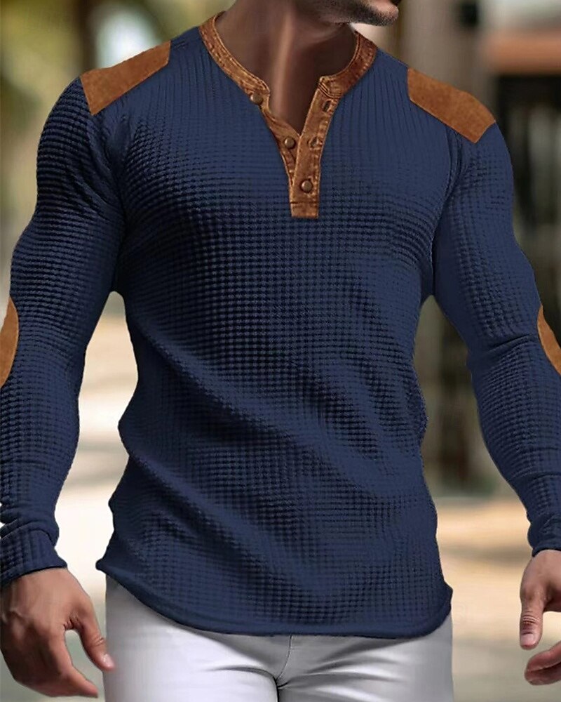 Men's Button T Shirt T Shirt Waffle Henley Shirt Henley Shirt Long Sleeve Henley Spring &  Fall Color Block Fashion Designer Basic Patchwork Vacation Street Going out Black White Navy Blue Top Tee 2025 - $19.99 –P4