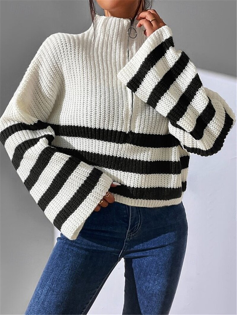 Pentru femei Pulover pulover Birou Casual Dungi Guler Pe Gât Fermoar Manșon Lung Topuri obișnuite Tricotat Zilnic Negru Alb Toamnă Iarnă 2025 - $44.99 –P1