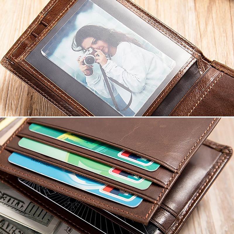 herr vintage brunt rfid-blockerande dubbelsidig plånbok i äkta läder med flera kortplatser - klassisk slimmad design 2025 - $26.99 –P4