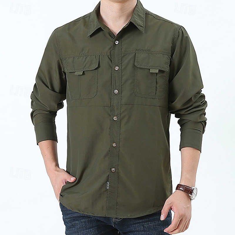 Men's Shirt Workwear Shirts Work Shirt Button Up Shirt Cargo Shirt Black khaki Army Green Gray Long Sleeve Plain Lapel Vacation Holiday Front Pocket Clothing Apparel Polyester Fashion Casual 2025 - $33.99 –P1