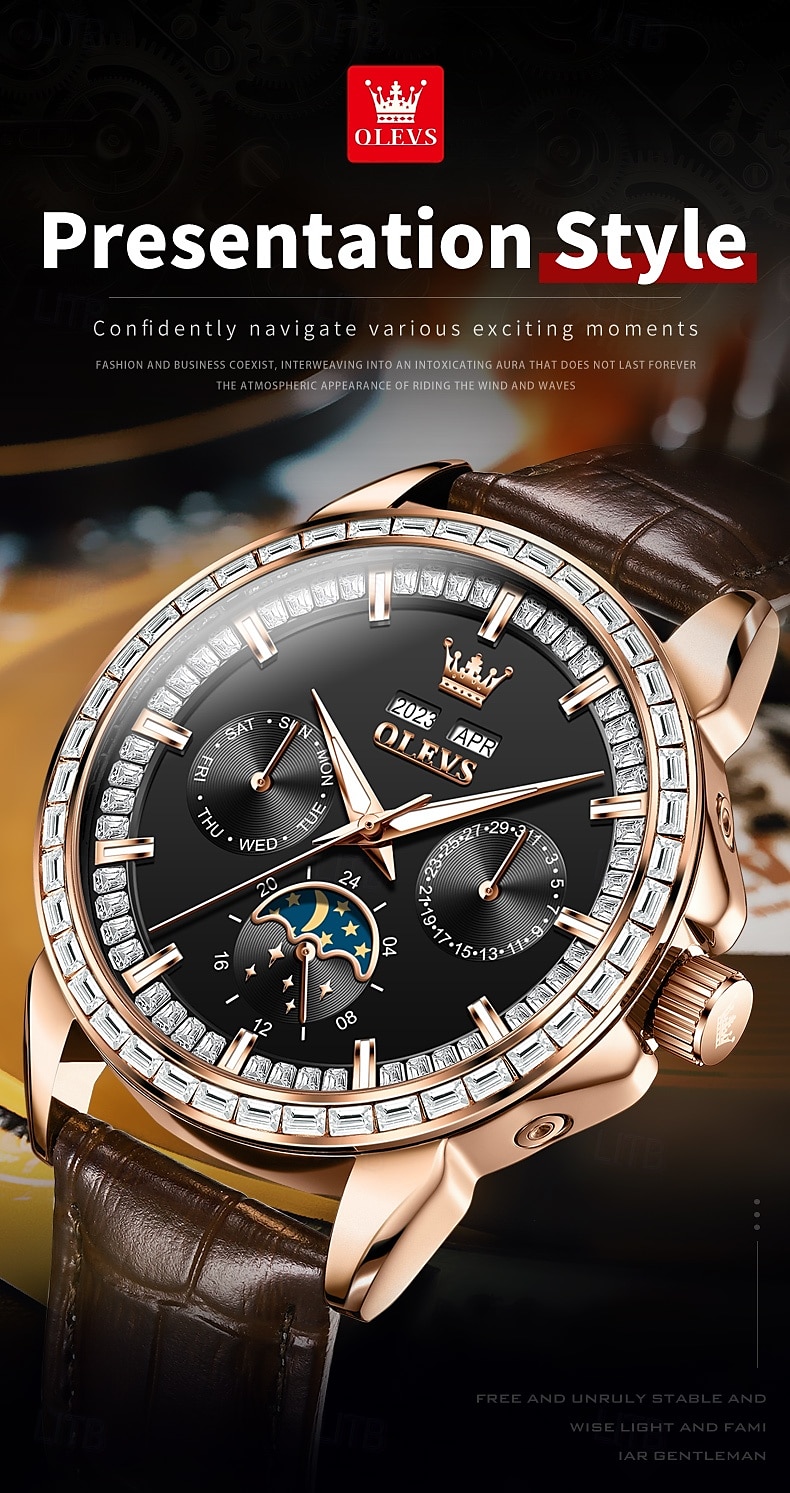 OLEVS Men Mechanical Watch Fashion Business Wristwatch Automatic Self-winding Moon phase Luminous Perpetual Calendar Steel Leather Watch 2025 - $147.99 –P1