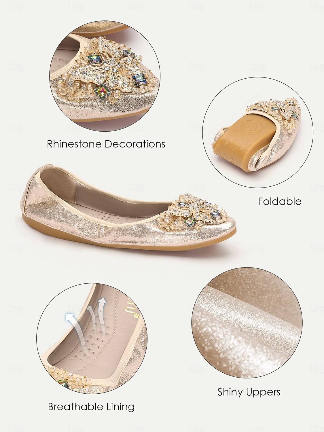 kvinners sammenleggbare gullglitterleiligheter med krystallpynt – komfortable slip-on sko for uformelle og spesielle anledninger 2025 - $32.99 –P3
