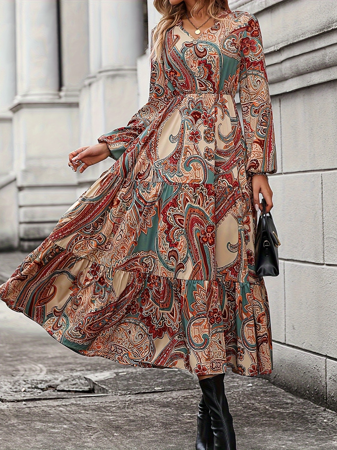 Femme Robe Maxi Robe casual robe boheme Décontractées du quotidien Ample Graphic manche longue Col V Marron Printemps Automne de 2025 ? $41.99 –P1