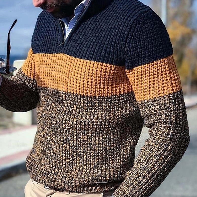 Men's Pullover Sweater Jumper Dress Sweater Knit Sweater Ribbed Knit Regular Knitted Color Block Quarter Zip Fashion Basic Daily Wear Date Clothing Apparel Fall & Winter Yellow Gray S M L 2025 - $35.99 –P1
