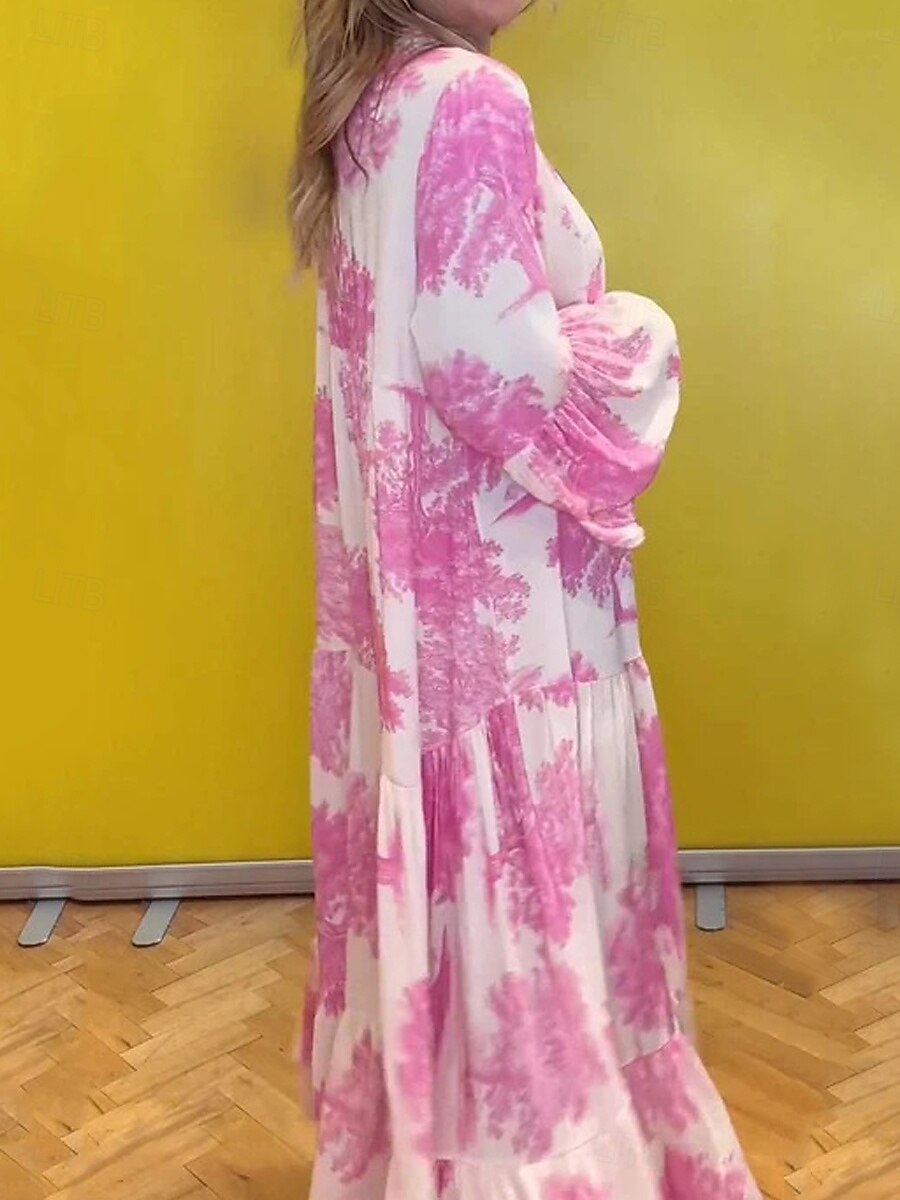 női virágos grafikai nyomtatás v nyakú kiszélesedő ujjú maxi ruha hosszú ujjú tavaszi ősz 2025 - $46.99 –P3