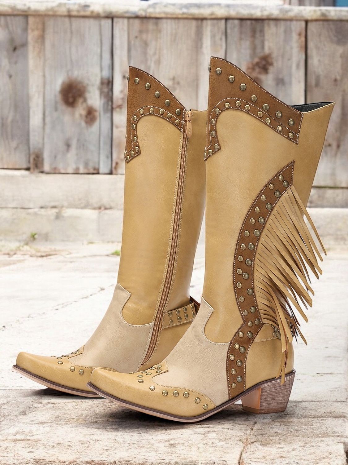 dámské hnědé westernové kovbojské boty s třásněmi a cvočky, vintage boty ke kolenům pro rodeo a country outfit 2025 - $79.99 –P3
