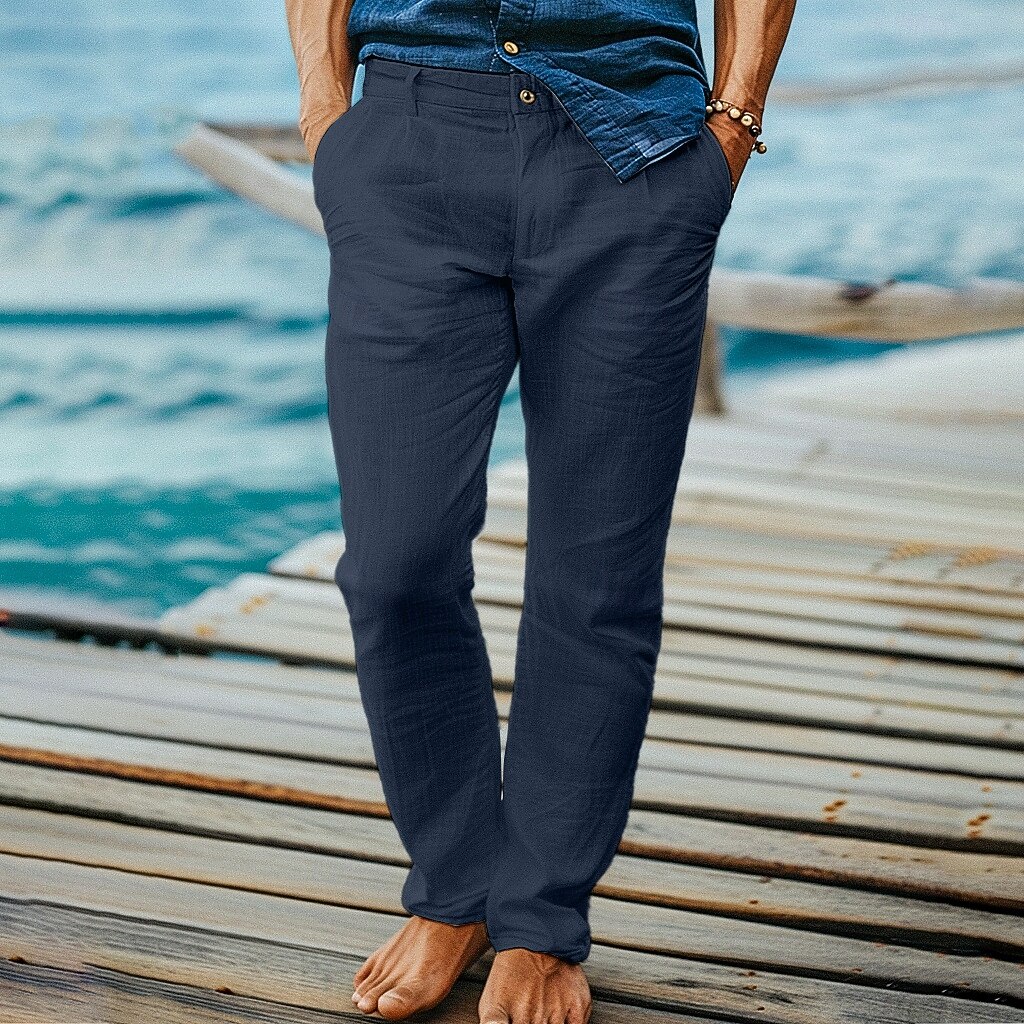 2025年 男性用 リネンパンツ ズボン スーツ サマーパンツ ビーチパンツ フロントポケット まっすぐな足 平織り 履き心地よい 高通気性 全長 フォーマル ビジネス 祝日 ファッション ベーシック ブラック ホワイト 伸縮性なし  コレクション – $27.99 –P8