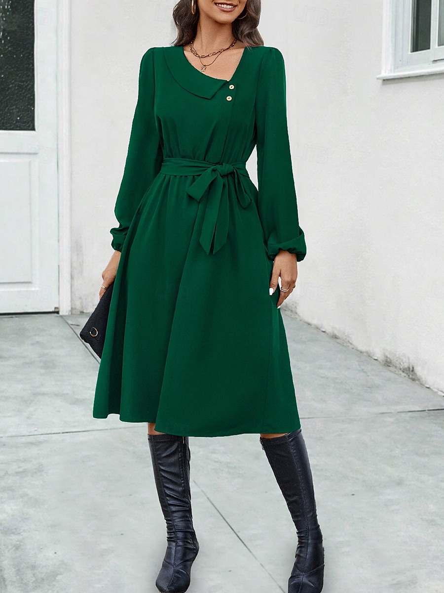 Elegantes Midikleid für Damen in Dunkelgrün, lange Ärmel, mit Gürtel, V-Ausschnitt, Knopfdetail, lässige A-Linie, fließend, vielseitig einsetzbar, Herbst/Frühlings-Kleidung 2025 - $39.99 –P7