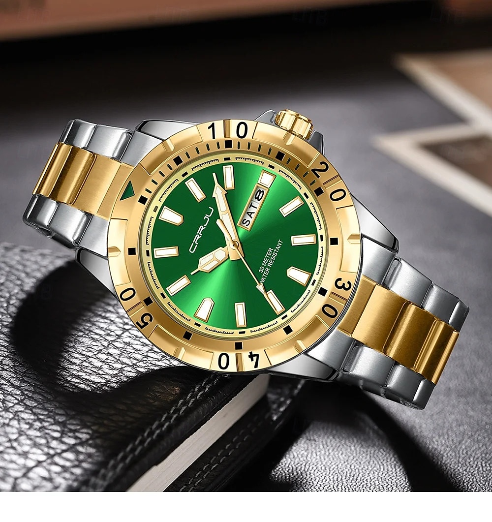 Crrju top original hommes montre à quartz vert montre étanche pour hommes en acier inoxydable quartz hommes montre de luxe montre-bracelet lumineuse de 2025 ? $28.99 –P7